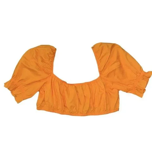 H&M Divided Crop Top Tie Front Puff Sleeve Orange Size Medium NWT - Picture 3 of 5